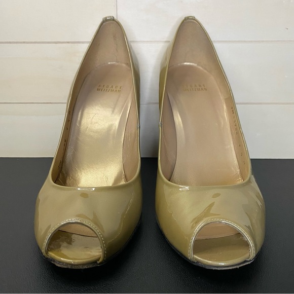 Stuart Weitzman Peep Toe Heels Patent Leather Women's Size 9.5 Shoes M Gold - Picture 5 of 10